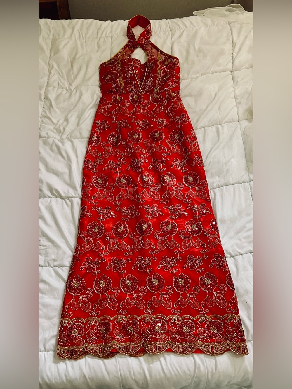 Red Embroidered Halter Evening Gown / Cheongsam